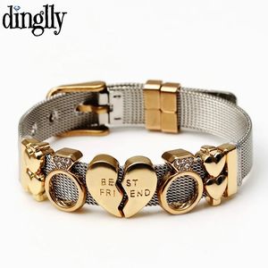 Chain DINGLLY Two tone Stainless Steel Mesh Bracelets For Women Men Golden Love Heart Beaded 10mm Ribbon Bracelet Bangle Gifts 231127