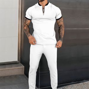 Herrspåriga herrarna Mens Jogger Outfits 2st Tracksuit Set Short Sleeve Sticked T Shirts Pants Sweatsuit Daily Clothing S-3XL för 230427