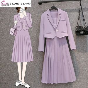 Two Piece Dress 4XL Korean Style Lavender Purple Jacket Blazer Sexy Pleated Strap Set Elegant Women's Pants Suit Office Outits 231127