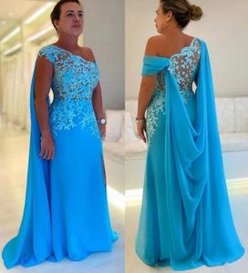 Novo elegante azul mãe da noiva vestido de um ombro renda apliques topo sexy chiffon a linha vestidos de festa de casamento plus size robe de soriee