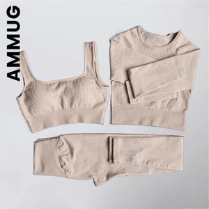 Uppsättningar Ammug Athletic Wear Sports Gym Legging Women Sportswear Yoga Set Träningskläder Sömlös BRA Crop Top Long Sleeve Yoga Suit