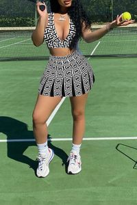 Костюмы EWSFV 2022 Summer Women New Hot Sale Sexy Nightclub Geometric Print Top Top+Skirt Women Set Set