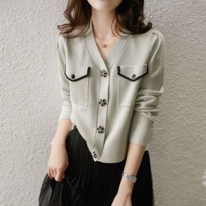 Sweaters Women Autumn Winter Casual Sweaters Long Sleeve VNeck Loose Fashion Knit Pockets Diamonds Petal Button Female Cardigans Sweater