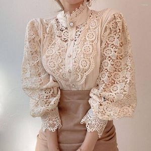 Women's Blouses Spring Summer Cotton Women Blouse Shirt Elegant Lace Hollow Out Long Sleeve Casual Office Work Wear Tops Clothing