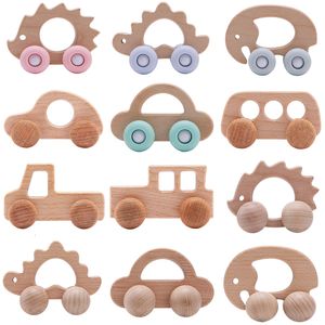 Rattles Mobiles Lets Make Wood Baby Toys 0 12 Månad 1 st för Babies Beech Car Hedgehog Elephant Education Spädbarn Utveckling Born 230427
