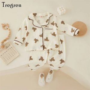 Пижамы Tregren Kids Girls Повседневные пижамные комплекты с принтом медведя с длинными рукавами и передними карманами с лацканами Брюки с принтом Домашняя одежда 16 лет 231127