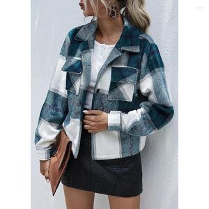 Women's Jackets Pockets Oversized Plaid Jacket Coat Women Fashion Lapel Collar Long Sleeve Loose Outerwear Winter Chic Tops AM3473