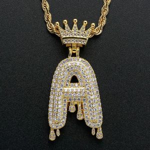 Hip hop coroa waterdrop arte A-Z letras pingente colar bling zircão completo jóias presente das mulheres dos homens