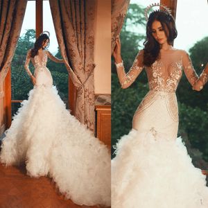 Kaskadowe falbany syrenki sukienki ślubne Sheer Jewel Neck Długie rękawie suknie ślubne koraliki Top Vestido Novia Appliques Sukienka panna młoda