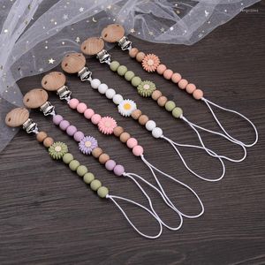 Pacifiers Baby Wooden Dummy Holder Clip Handmade Flowers Silicone Beaded Soother Chain For Teether Nursing Toys Pacifier Accessory