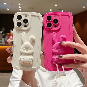 Cute Cartoon Rabbit Stand Holder Case for iPhone 11 13 12 14 15 Pro Max 14 Plus Curly Wave Soft Silicone Cover