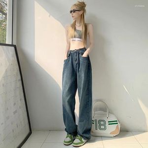 Kvinnors jeans kvinnor hög midja avslappnad sexig vintage mode koreansk stil gata bred ben denim byxor vår hösten fast färg