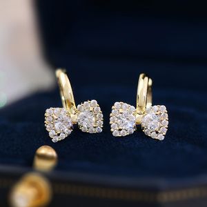 Dangle Avize Modaya Gizli 14K Gerçek Altın Kaplama Zirkon Bowknot Hoop Küpe Kadınlar Kız Yüksek Kaliteli Takılar AAA Zircon Ture Tip 230426