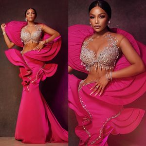 Dernière Aso Ebi Robes De Bal Fuchsia Sirène Perles Conception Unique Robes De Soirée Africain Arabe Deuxième Réception Robes De Fête D'anniversaire Gala Robe De Concours ST363