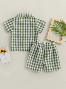 Clothing Sets Toddler Boys Casual Plaid Shirt and Shorts Set with Turn-Down Collar and Elastic Waistband Stylish Summer Outfit for Little