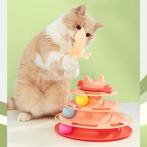 Oyuncaklar 4 Seviye Kedi Oyuncak Kule Tracks Disk Spring Rod Tüy Kedi Pikap Toys Etkileşimli Evcil Hayvan İstihbarat Eğitim Eğlence Plakası