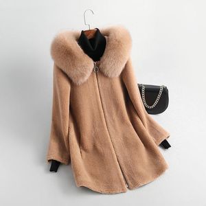 Mulheres de pele outono inverno real cordeiro casaco de pele feminino quente gola de pele de raposa com capuz natural ovelha tosquiamento lã jaqueta senhoras outwear y818