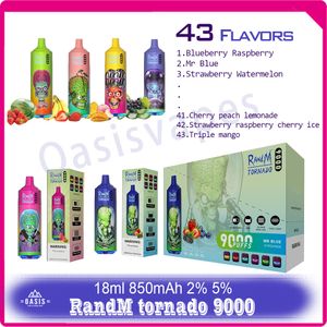 Original RandM Tornado 9000 Puff E Cigarette 18ml Pod Mesh Coil 43 Flavors puffs 9k Disposable Vape Pen 6 RGB Lights Fast Delivery
