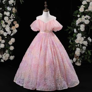 Pink Lace Flower Sheer Neck Tiers Ball Gown Little Girl Wedding Florals Frist Holy Communion Dresses Gowns Toddler Pageant Dress 403