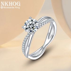 Wedding Rings Tested Real Solitaire For Women Cross Hollow Proposal Ring S925 Silver D VVS Lab Diamond Band Jewelry 231127