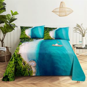 Bedding sets Summer Blue Sea Beach 0.9/1.2/1.5/1.8/2.0m Bedding Digital Printing Polyester Bed Flat Sheet with Pillowcase Print Bedding Set 230427