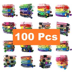 Leads 100Pcs Wholesale Collars for Cat Collar With Bell Adjustable Necklace Cat Puppy kitten Collar Dropshipping Pet Cats Collar Perro