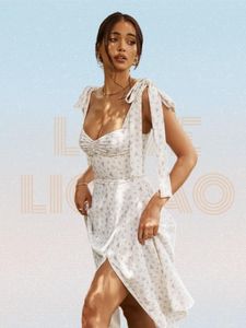 Klänning blommor tryck knutband split lår cami klänning sommar vit ärmlös vneck rygglös strandklänning kvinnor glid klänning robe femme