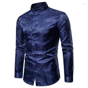 Camisas casuales para hombres 2023 Moda de otoño Flor de anacardo Cuello de pie Camisa de manga larga Patrón oscuro juvenil