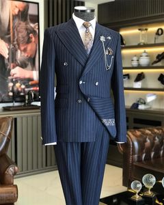 Men s Suits Blazers Costume Homme Navy Blue Striped 2 Vents Suit Man Blazer Pants Set Business Office Wear Formal Party Groom Tuxedo 231127