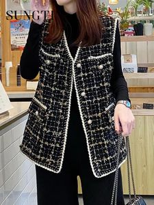 Yelekler Sungtin Vintage Tweed Yelek Kadınlar İçin Siyah Vneck Tek Göğüslü Kolsuz Ceketler Sonbahar Kış Koreli Ofis Lady Weistcoat