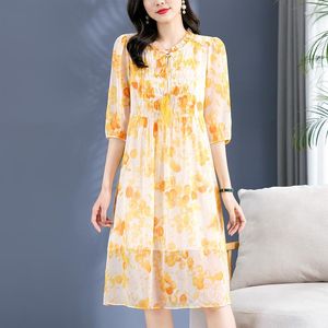 Casual Dresses Real Silk Women's Yellow Dress 2023 Summer Elegant Fashion For Women A-line Vintage Woman Print Long Midi