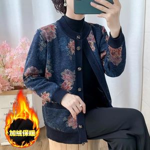 Cardigan Cappotto maglione per madre anziana di mezza età Cappotto cardigan autunno inverno Donna Maglione stampato Nonna Caldo Aggiungi capispalla in pile top