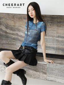T-shirt feminina Cheerart Fake jeans de malha de malha de jeanse tampa veja através de camiseta para mulheres verão azul designer tees y2k streetwear 230427