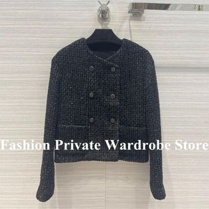 Pelz Vintage Schwarzer Häkeln Tweed Jacke Frauen neuer Herbst Winter Oneck Doppelbrust Long Slik Liner Short Design Mantel