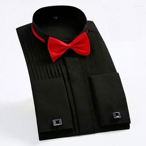 Men's Dress Shirts Plus Size 5XL 6XL Men's French Cuff Wing Tip Collar Tuxedo White Black Long Sleeve Wedding Pleat With Bowtie