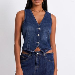 Kvinnors västar smala denim väst fast färg V-ringad ärmlös jeanjackor mode casual knappar Waistcoat