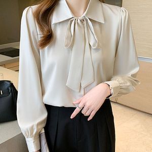 Women's Blouses Shirt Women French Style White Long Sleeve Blouse Satin Top Chiffon Drop Bow Solid Lace Up Office Lady Elegant 2673