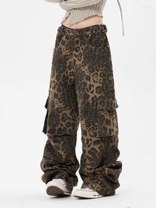 Женские джинсы, винтажная рабочая одежда с высокой талией и леопардовым узором, карманная рабочая одежда, джинсовые свободные брюки, осень 2023, модная одежда