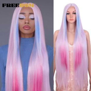 Syntetyczne peruki Wolność syntetyczna koronkowa peruka 38 cali głęboka część długa prosta Ombre Pink Cosplay S Front S for Black Women 230227