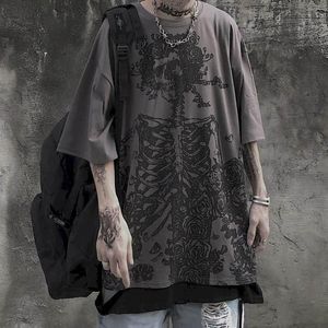 T-shirt Summer HalfSleeved Tshirts Tops Dark High Street Gothic Skull Rose Print Loose ShortSleeved TShirt Men and Women Streetwear