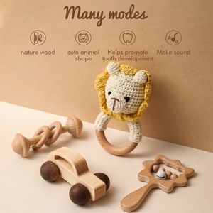 Rattles Mobiles Lets Make 4PCSSet Träuppsättningar Cartoon Animal Crochet Wood Block Soother Teether Set Montessori Toddler Toy 230427