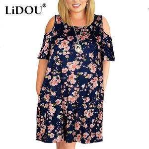 T-shirt Summer Flower Print Plus Tamanho Vestido Logo Mulheres de Manga Curta Casual Off ombro Vestidos de tamanho grande de Fiesta Robe chique femme