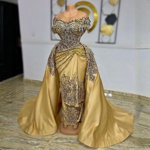 2023 Aso Ebi Arabisch Gold Meerjungfrau Abendkleid Luxuriöse Perlen Abend Formale Party Zweiter Empfang Geburtstag Verlobungskleider Kleider Robe De Soiree ST383