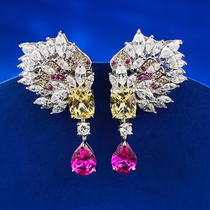 Luxury Ruby Diamond Dangle Earring 100% Real 925 Sterling Silver Wedding Drop Earrings for Women Bridal Engagement Jewelry Gift