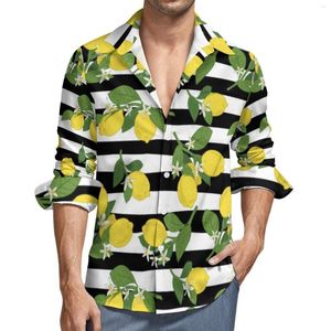 Camisas casuais masculinas Camisa branca de listras brancas outono Limões amarelos lemons impressos homens tendências de tendência de manga longa design y2k 3xl 4xl