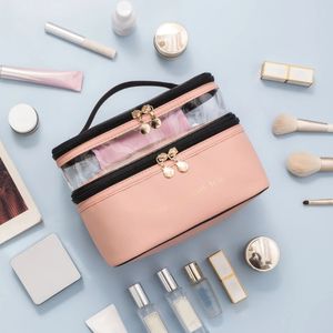 Organizzatore cosmetico Borsa per il trucco da toilette di grandi dimensioni da viaggio Borsa per il trucco portatile in pelle PU a doppio strato Borsa multifunzionale da donna 231127