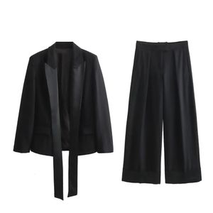 Kvinnors tvåstycke Pants Casual Style Tie Straight Sleeve Suit Silk Satin Texture Trouser Hem Pants Fashion Set Winter 231127