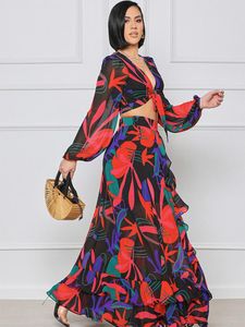 Dress Summer Print Chiffon Two Piece Dress Sets 2022 Rave Festival Clothes Deep V Neck Lantern Sleeve Crop Top+big Swing Maxi Skirts