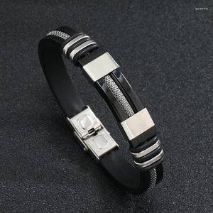 Link pulseiras requintado pulseira de silicone preto para homens jóias de alta qualidade aço inoxidável dobrável sobre fecho homem presente