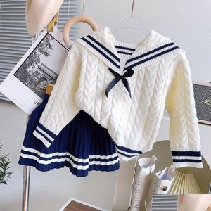 Set di abbigliamento Set di abbigliamento Autunno Ragazze Principessa Set di vestiti preppy Baby Bambini Bambini Maglione a maniche lunghe Top Maglieria Gonna a pieghe Dha2M